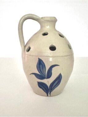 Williamsburg Pottery salt glazed mini jug bud vase blue floral/leaf 5in